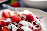 Crimson Velvet Waffles Drizzled with Cream Cheese Glaze