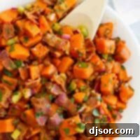 Sweet Potato and Crispy Bacon Salad 2 Potato salad made from sweet potatoes and bacon, showcasing the vibrant colors and textures.