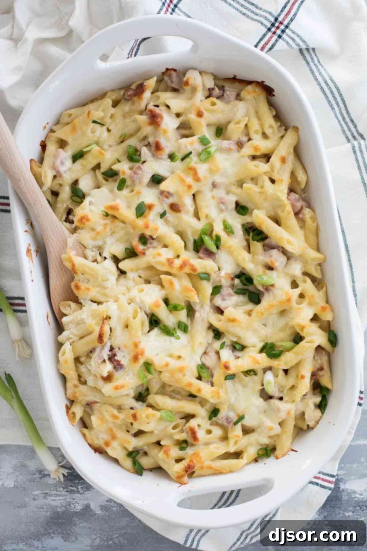 Creamy Chicken Cordon Bleu Casserole with shredded chicken, ham, and bacon