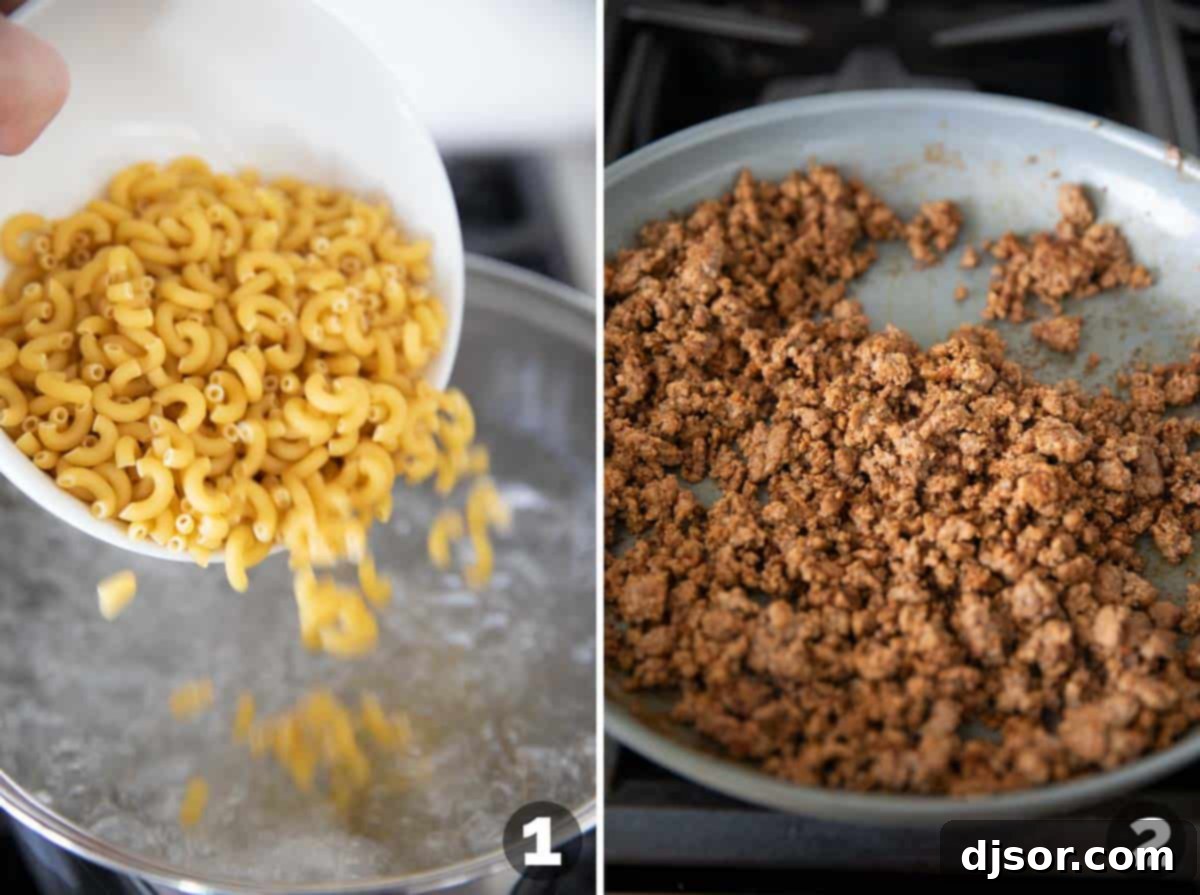 Pasta boiling in a pot and ground beef cooking in a skillet, key steps for Taco Mac and Cheese.
