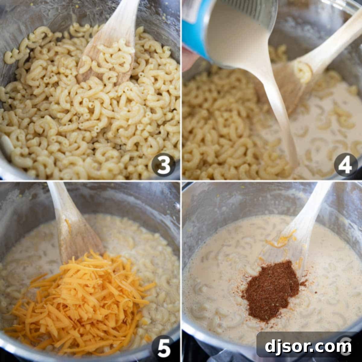 Visual steps demonstrating the creation of Taco Mac and Cheese, including adding evaporated milk, cheese, and seasoning.
