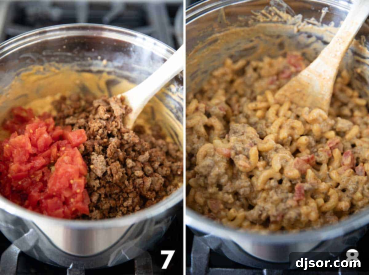 A visual guide showing the final steps of making Taco Mac and Cheese: combining cooked ground beef and drained Rotel tomatoes with the cheesy pasta.