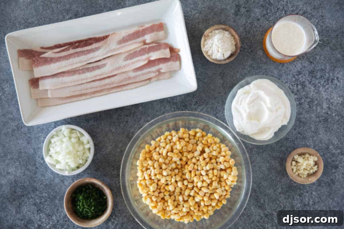 Velvety Corn and Bacon Bliss 3 A flat lay of all the fresh ingredients needed for Creamy Corn and Bacon, including bacon, corn, onion, garlic, cream, sour cream, flour, salt, pepper, and parsley.
