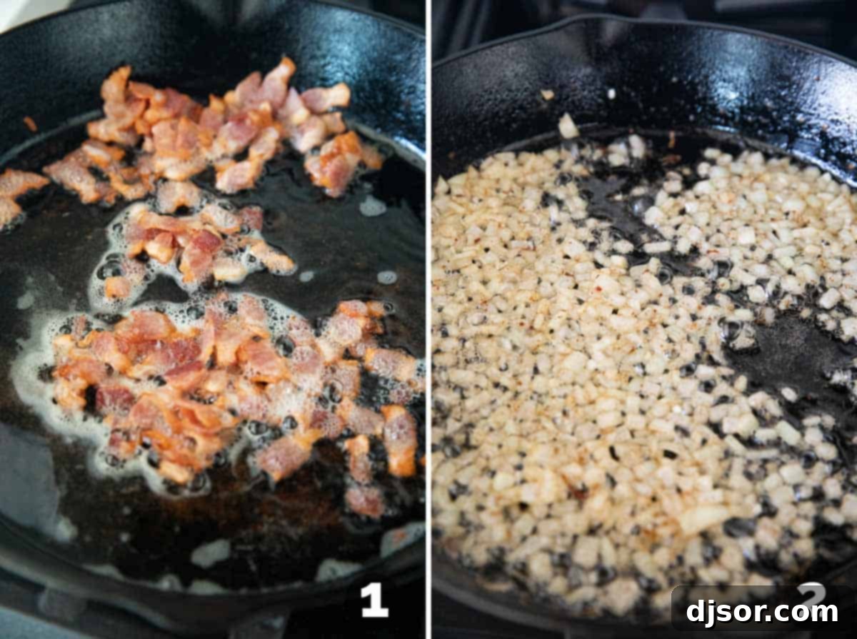 Velvety Corn and Bacon Bliss 4 Close-up shot of chopped bacon sizzling and cooking in a skillet with diced onions, rendering its fat and building a flavorful base.