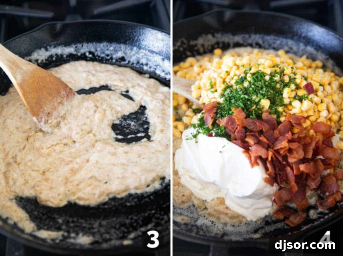 Velvety Corn and Bacon Bliss 5 The process of making the creamy sauce in a skillet, showing flour being stirred into bacon drippings and then heavy cream being added with corn and sour cream.