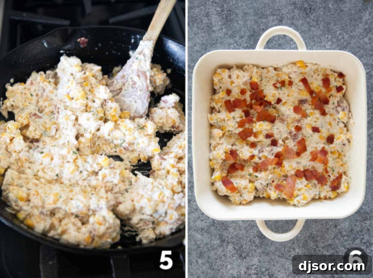 Velvety Corn and Bacon Bliss 6 A baking dish filled with the creamy corn mixture, topped with reserved crispy bacon bits before baking.