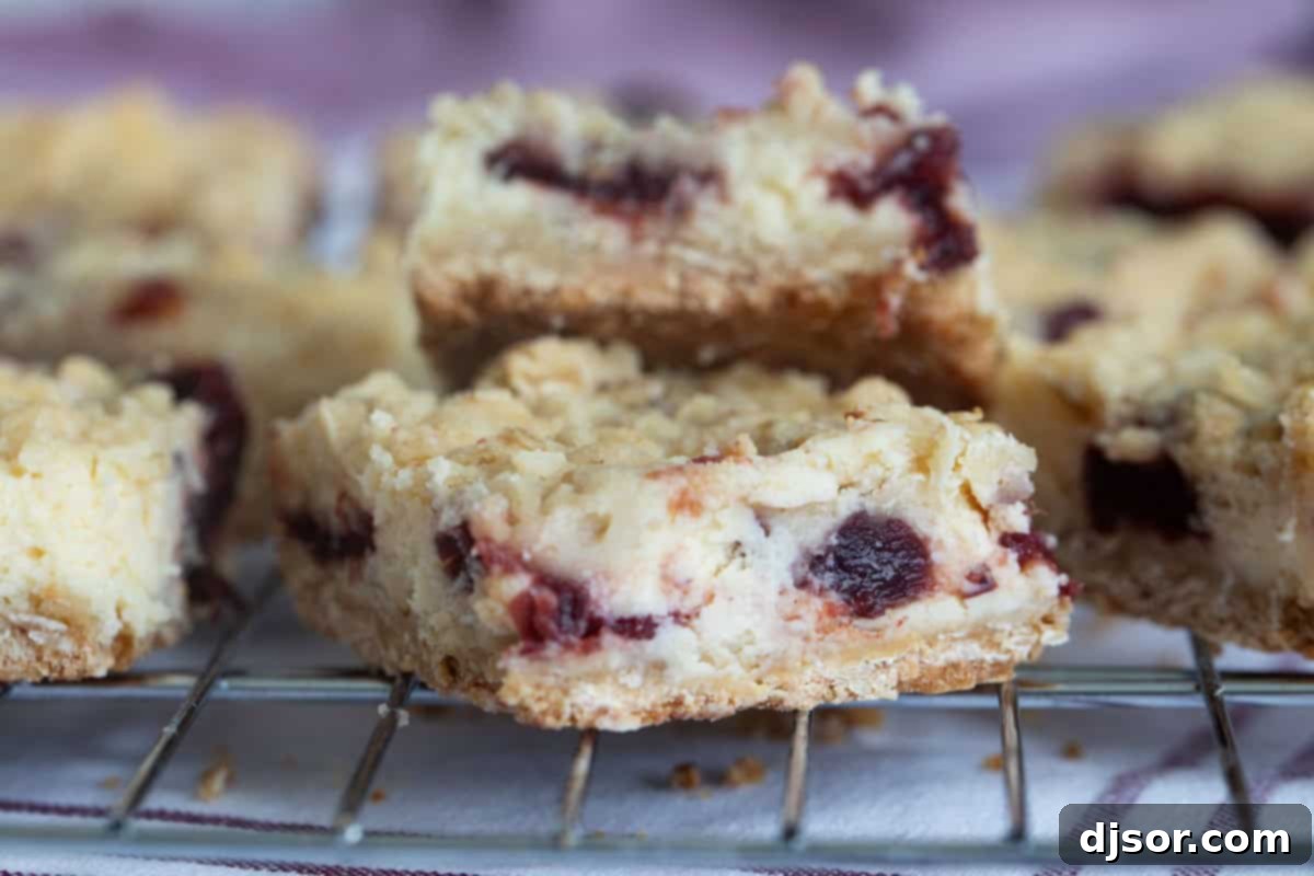 Cranberry Cheesecake Bars with an oat crust, cheesecake filling, cranberry filling, and crumble topping.