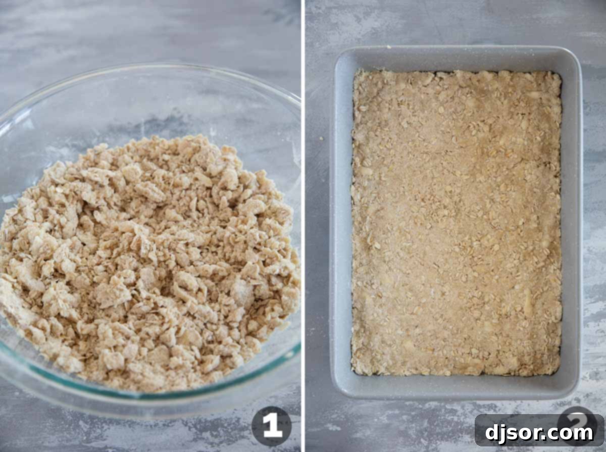 Crust and topping for Cranberry Cheesecake Bars, made from oats, butter, and flour.