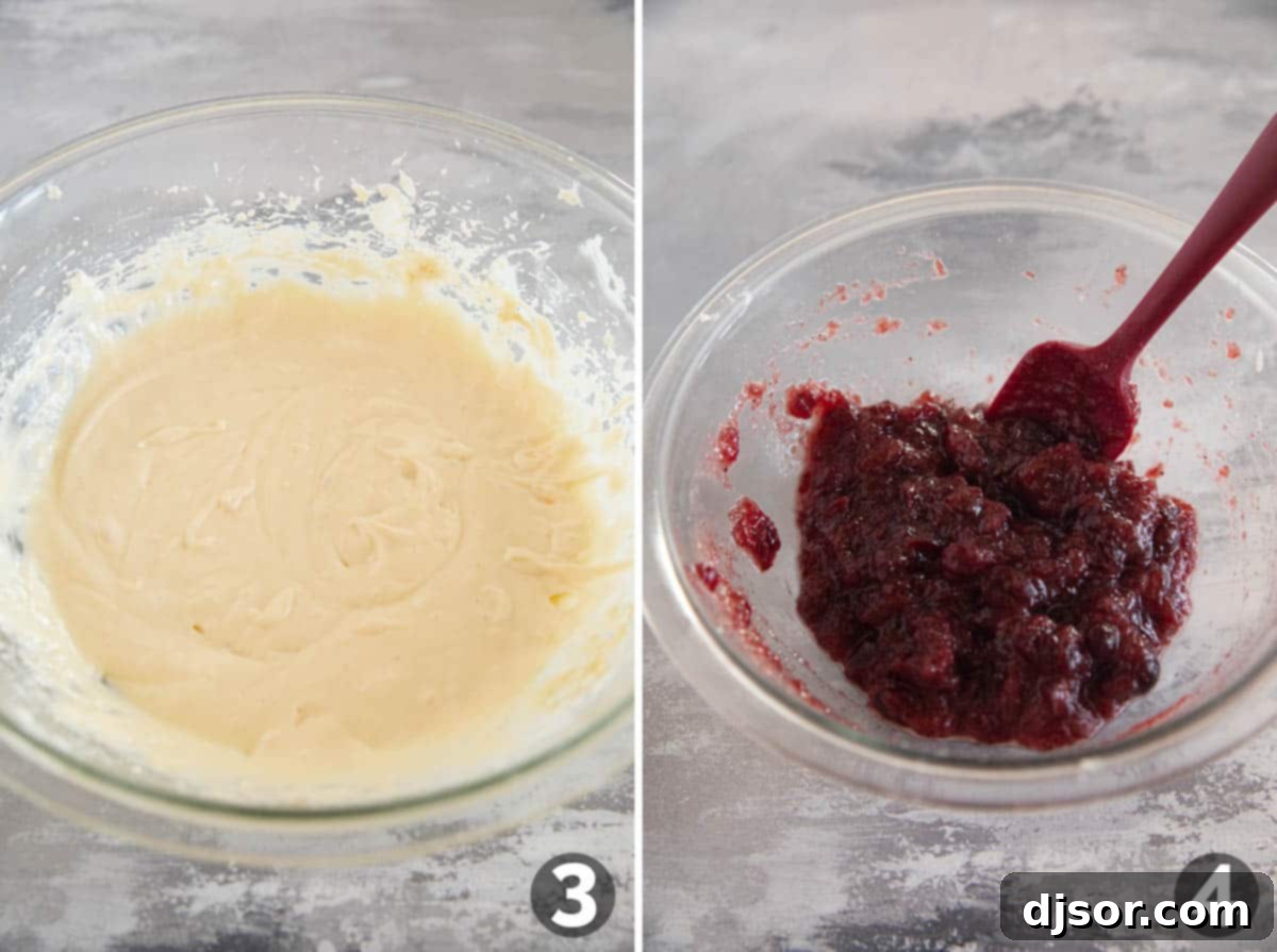 Cheesecake filling and cranberry filling, both for Cranberry Cheesecake Bars.