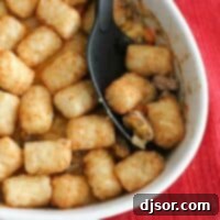 Tater Tot Shepherd's Pie 3 Close-up of Shepherd's Pie with Tater Tots ready to be served, showing the golden tots and bubbling filling.
