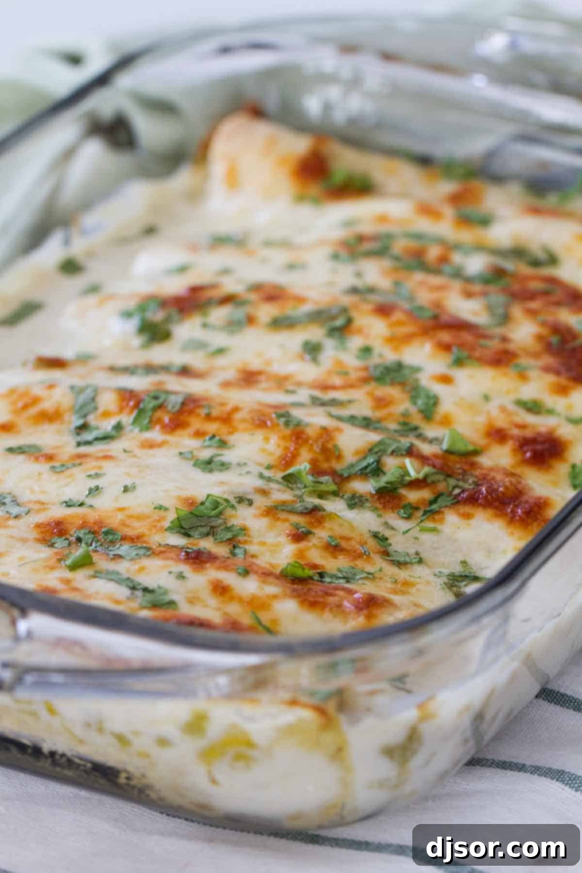 Rich and creamy White Chicken Enchiladas in a baking dish casserole dish with white chicken enchiladas, golden brown and bubbly