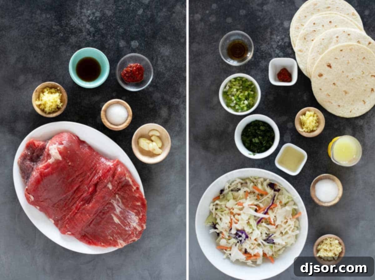 Siam Street Tacos 3 Various fresh ingredients laid out for making Thai Tacos, including flank steak, lime, ginger, garlic, and slaw mix.