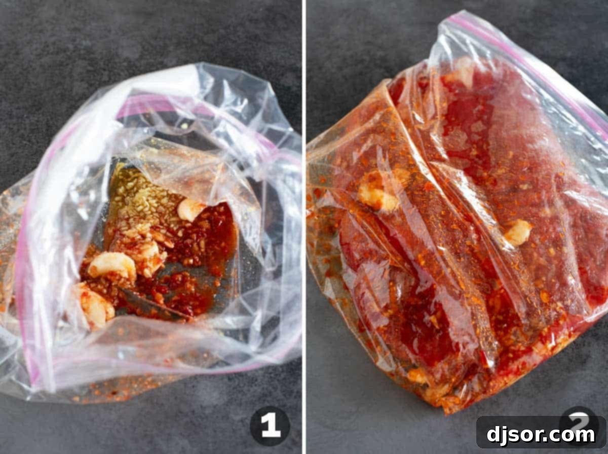 Siam Street Tacos 4 Flank steak marinating in a ziplock bag with Thai-inspired ingredients.