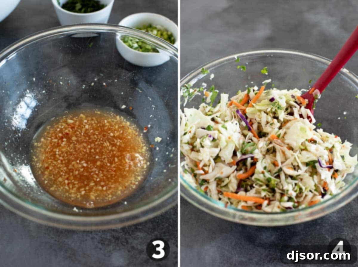 Siam Street Tacos 5 Large bowl with ingredients being mixed for Cilantro Lime Slaw, including shredded cabbage, carrots, cilantro, and green onions.