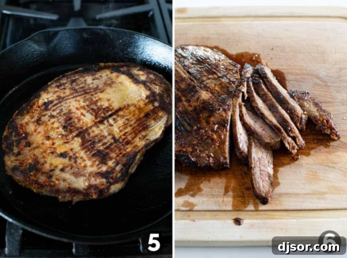 Siam Street Tacos 6 Flank steak sizzling in a cast iron skillet, then sliced against the grain on a cutting board.