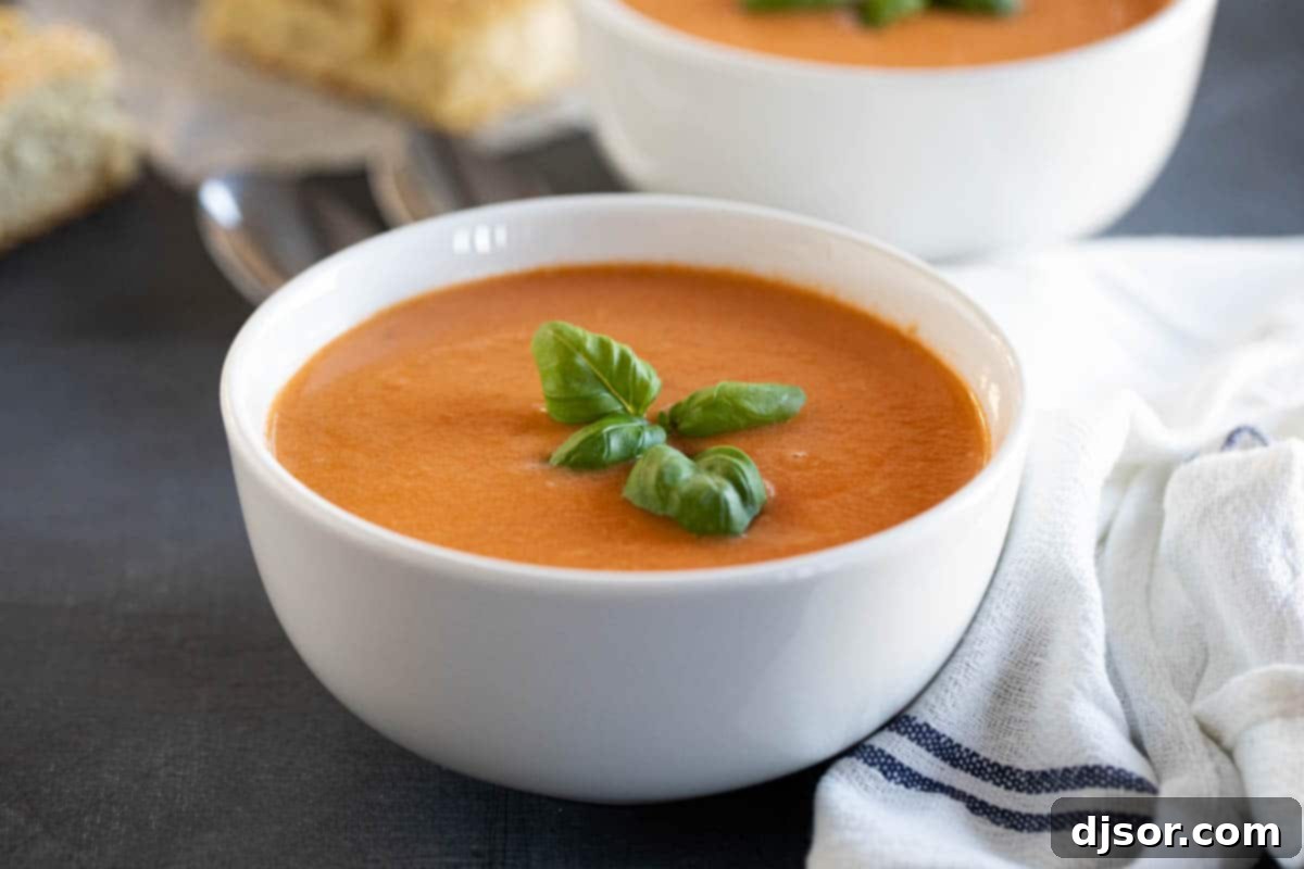 An easy slow cooker soup recipe, this Tomato Basil Soup is full of tomato flavor, is super creamy, and is easily a family favorite! A bowl of creamy tomato basil soup garnished with fresh basil leaves.