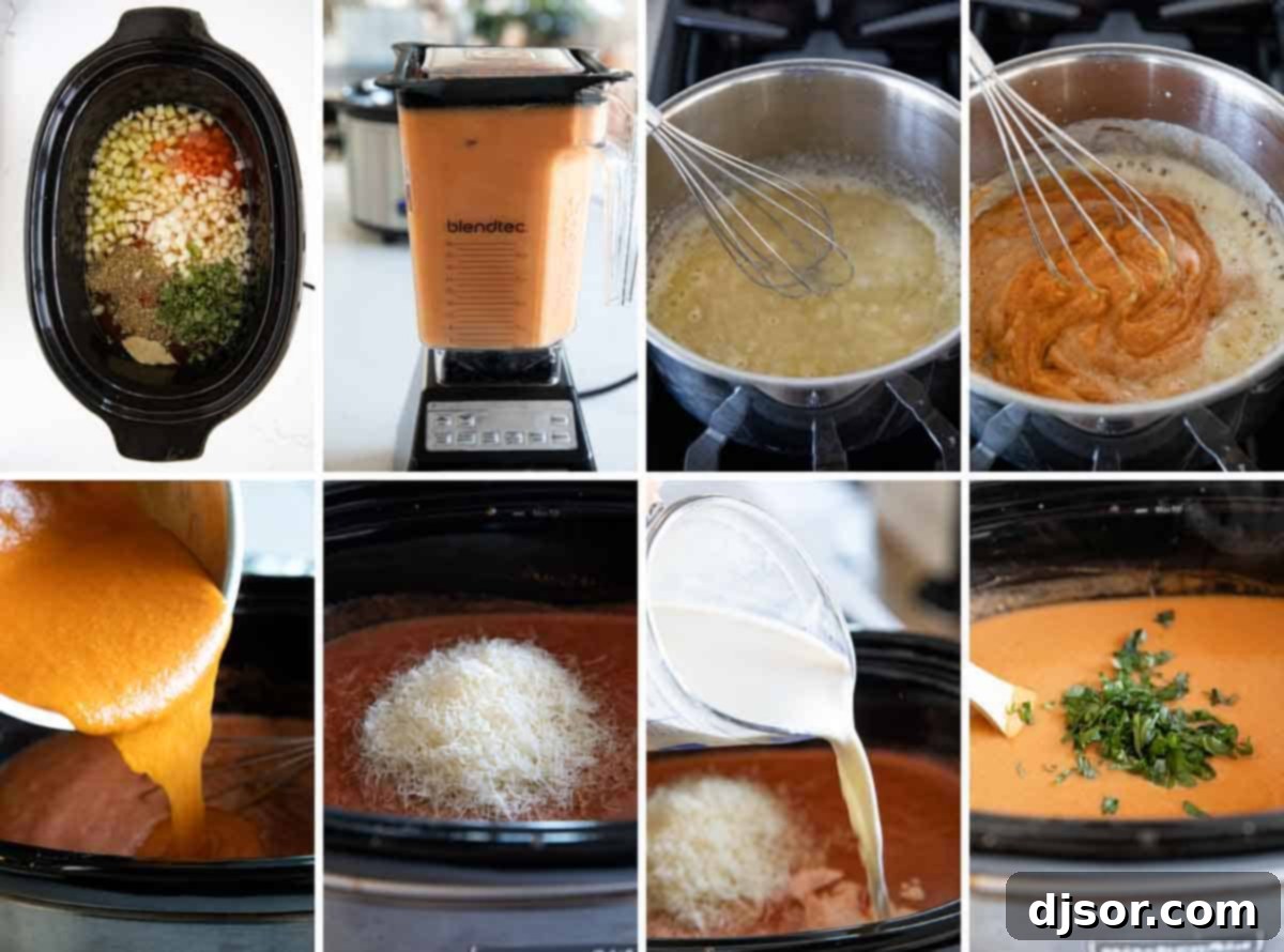 An easy slow cooker soup recipe, this Tomato Basil Soup is full of tomato flavor, is super creamy, and is easily a family favorite! Visual steps illustrating how to prepare slow cooker tomato basil soup.