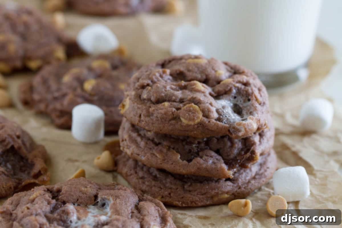 Chocolate, Peanut Butter, and Marshmallow Pudding Cookies with peanut butter chips and mini marshmallows arranged on a baking sheet.