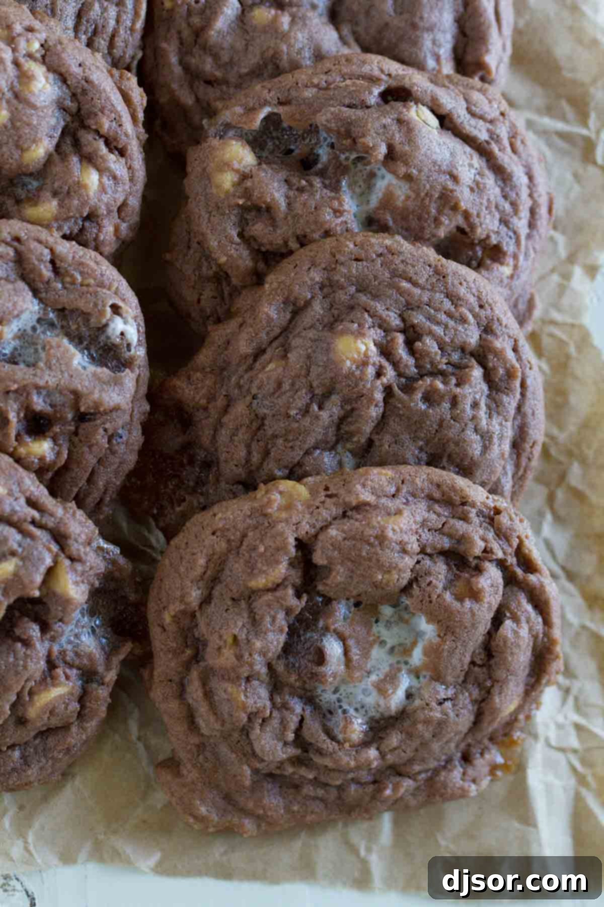 Chocolate, Peanut Butter, and Marshmallow Pudding Cookies laid down on parchment paper next to each other, showcasing their soft texture.
