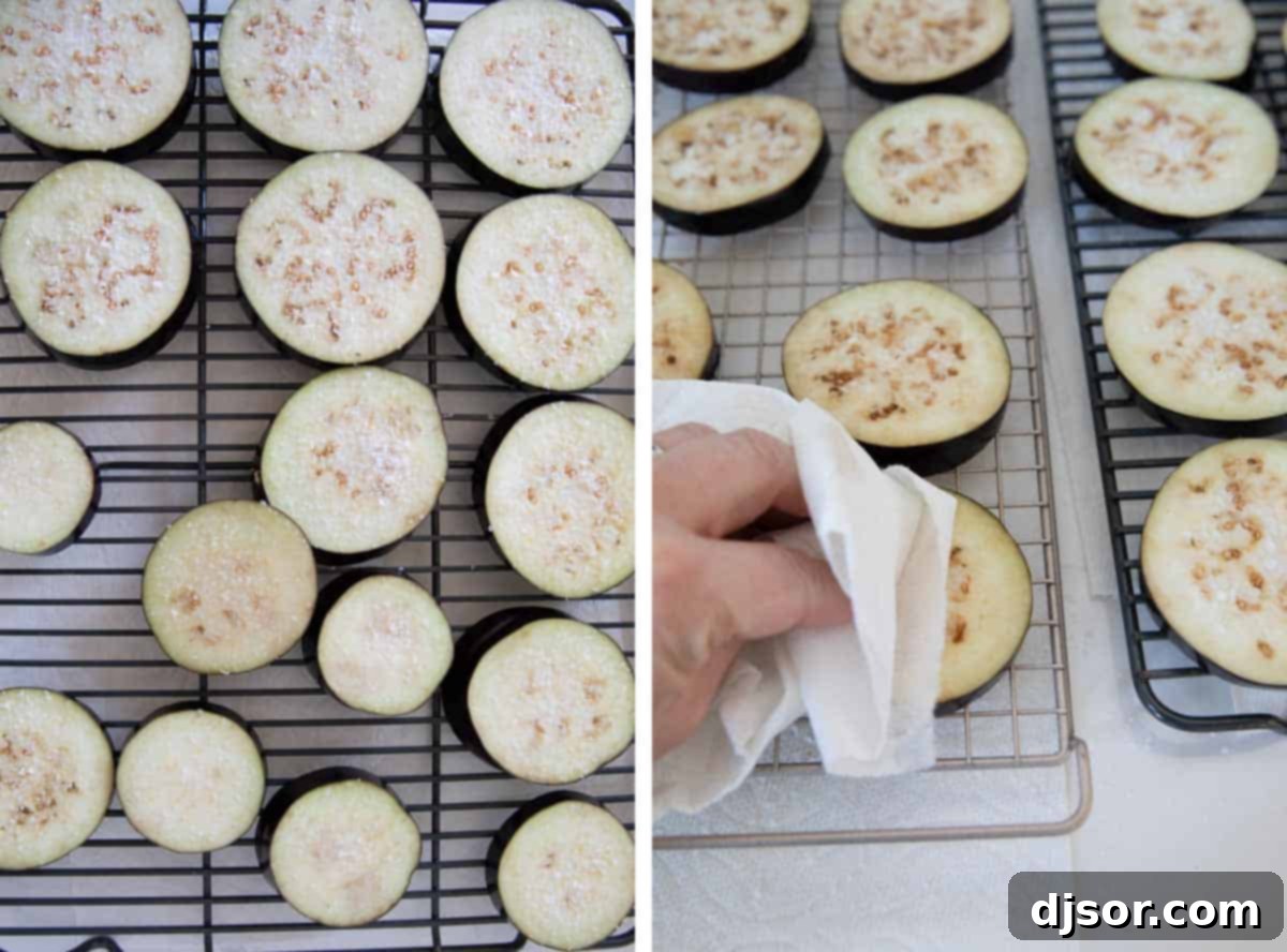 Breaded slices of eggplant, lots of cheese, and marinara sauce make up this Eggplant Parmesan that the whole family will love. photos showing sliced eggplant on a drying rack.