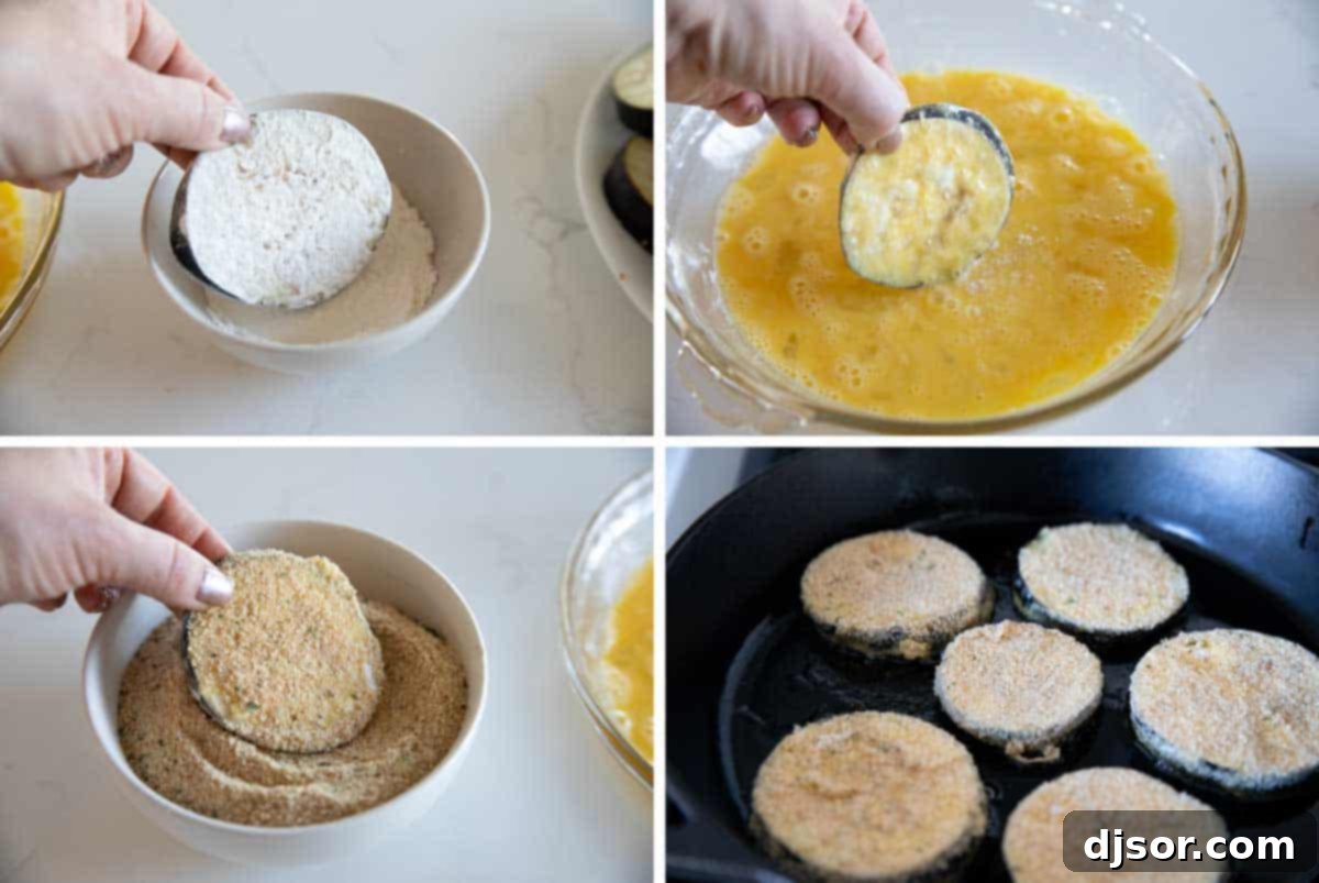 Breaded slices of eggplant, lots of cheese, and marinara sauce make up this Eggplant Parmesan that the whole family will love. Four photos showing how to coat and fry eggplant.