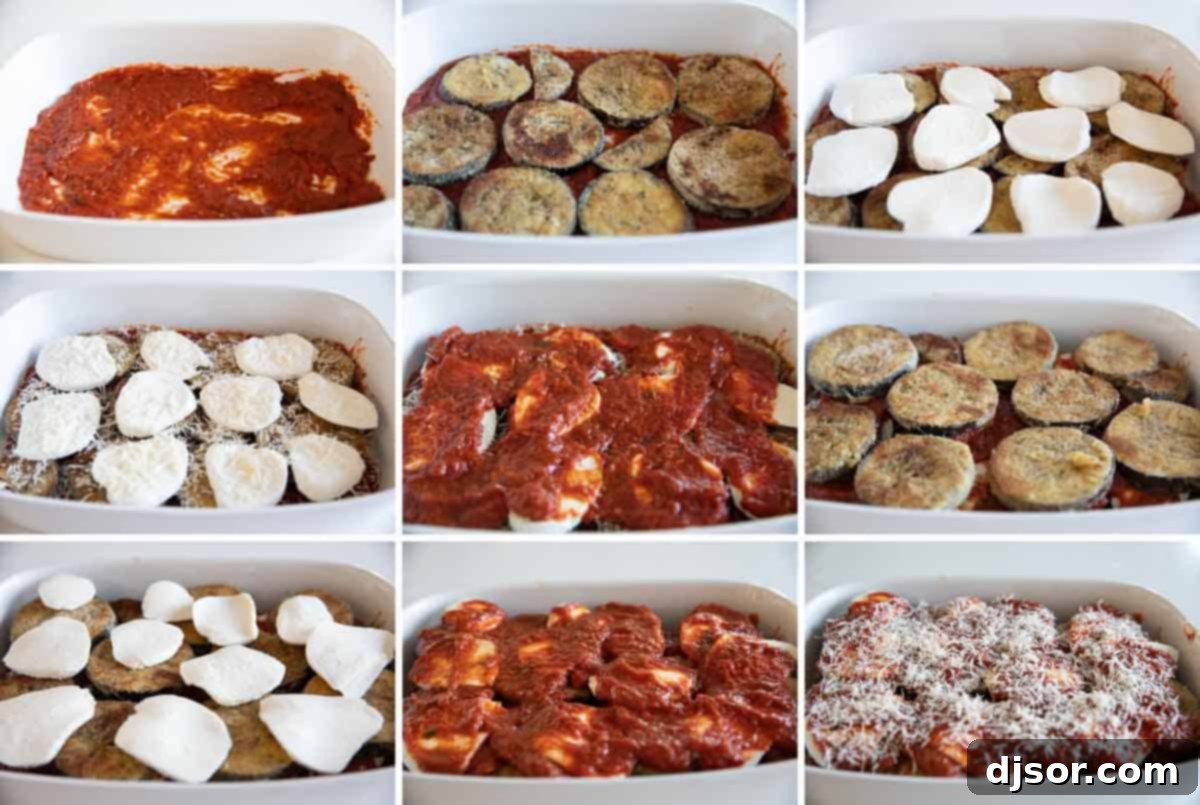 Breaded slices of eggplant, lots of cheese, and marinara sauce make up this Eggplant Parmesan that the whole family will love. steps showing how to layer eggplant parmesan.