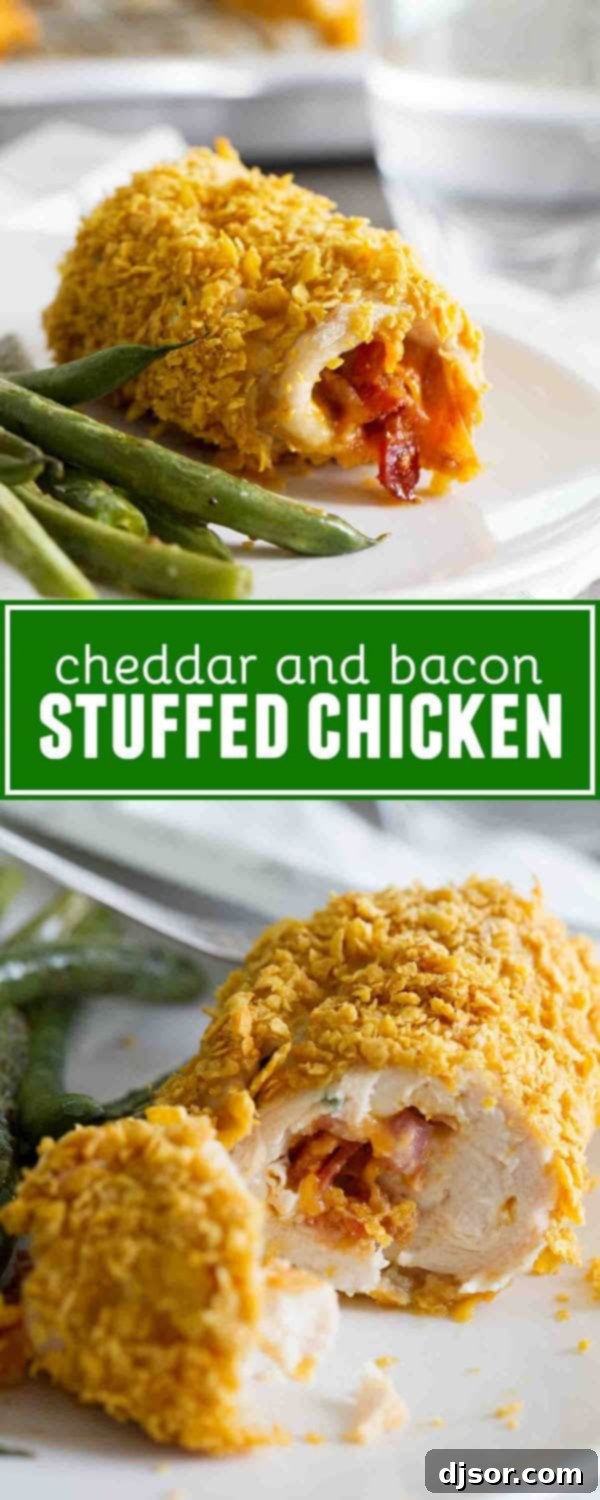 Cheddar and Bacon Stuffed Chicken is an incredibly flavorful dish that's coated in crispy corn flakes.