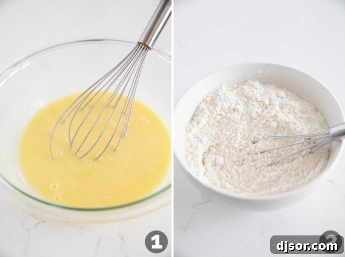 A series of images showing the process of making a Lemon Yogurt Cake: whisking wet ingredients in a large bowl, combining dry ingredients in a separate bowl, and then mixing them together to form the cake batter.