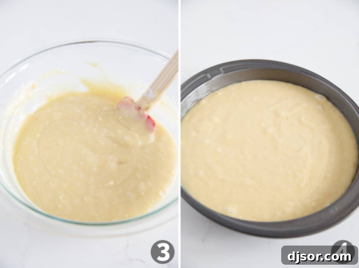 Detailed shot of mixing cake batter in a large bowl, followed by pouring the smooth batter into a prepared 9-inch round cake pan lined with parchment paper.