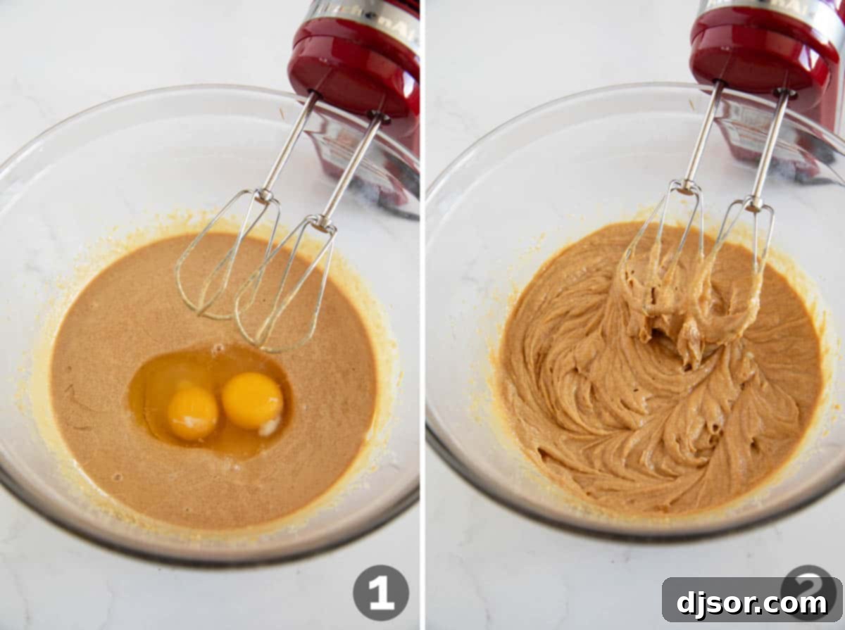 Irresistible Peanut Butter Muffins 4 Collage showing steps to make peanut butter muffins, including mixing eggs into batter.