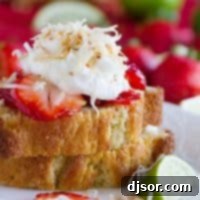 Strawberry Lime Shortcakes with Coconut Cream - Slices of perfect sour cream pound cake are topped with strawberries soaked in a lime syrup and a light coconut cream in this perfect summertime dessert.