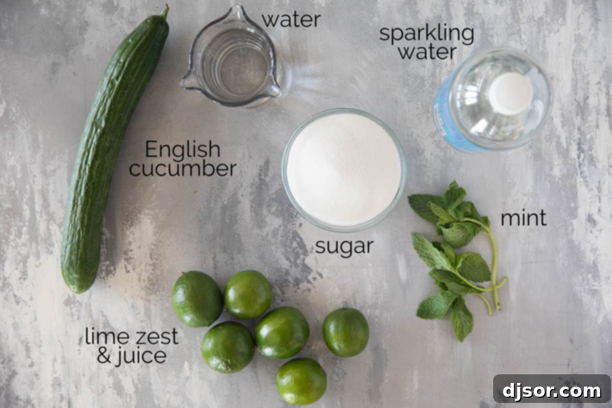 Cucumber Lime Chill 3 Fresh ingredients laid out on a kitchen counter, including whole limes, a large English cucumber, a bowl of granulated sugar, fresh mint leaves, and a glass of water, ready to make Cucumber Limeade.