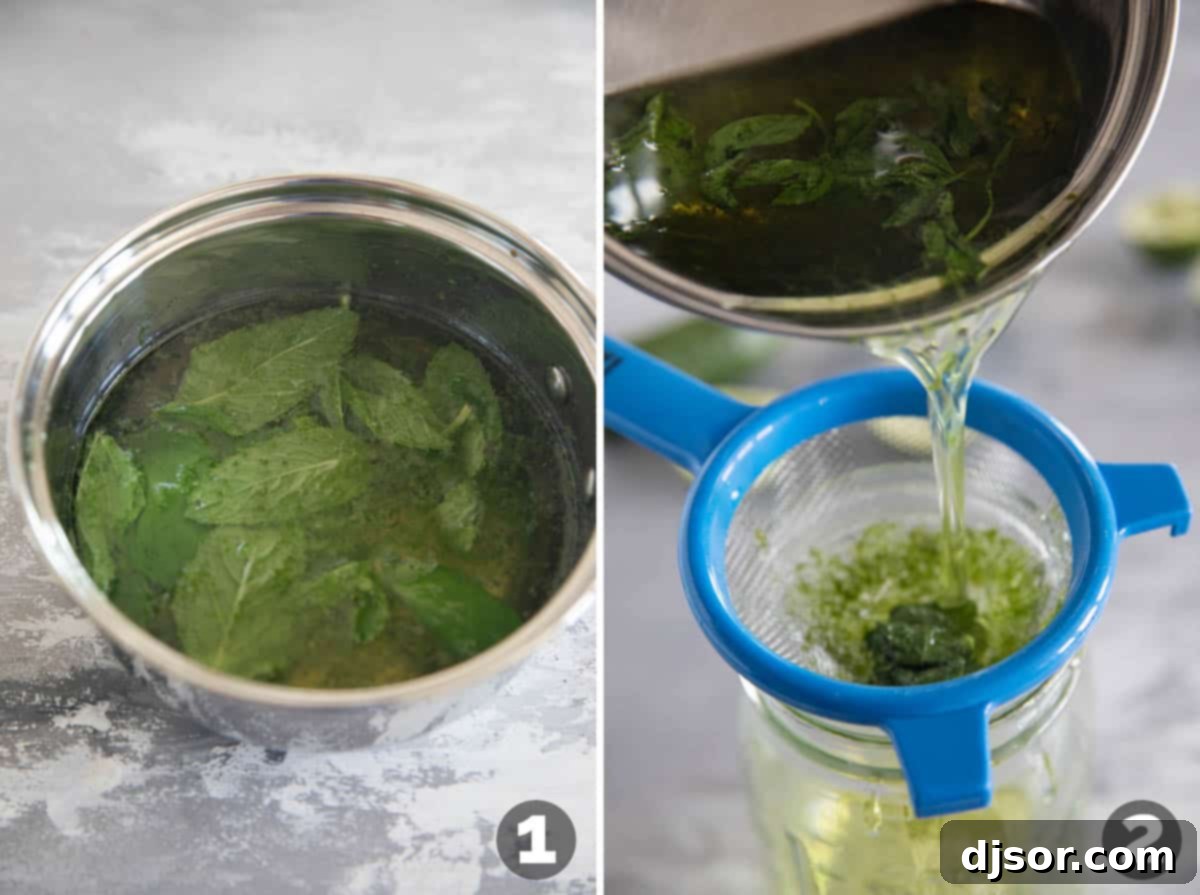 Cucumber Lime Chill 4 A saucepan on the stove containing simmering simple syrup with lime zest and mint leaves, alongside a mason jar.
