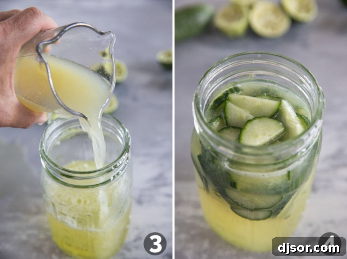 Cucumber Lime Chill 5 A mason jar filled with simple syrup, lime juice being poured in, and cucumber slices being added to infuse flavor.