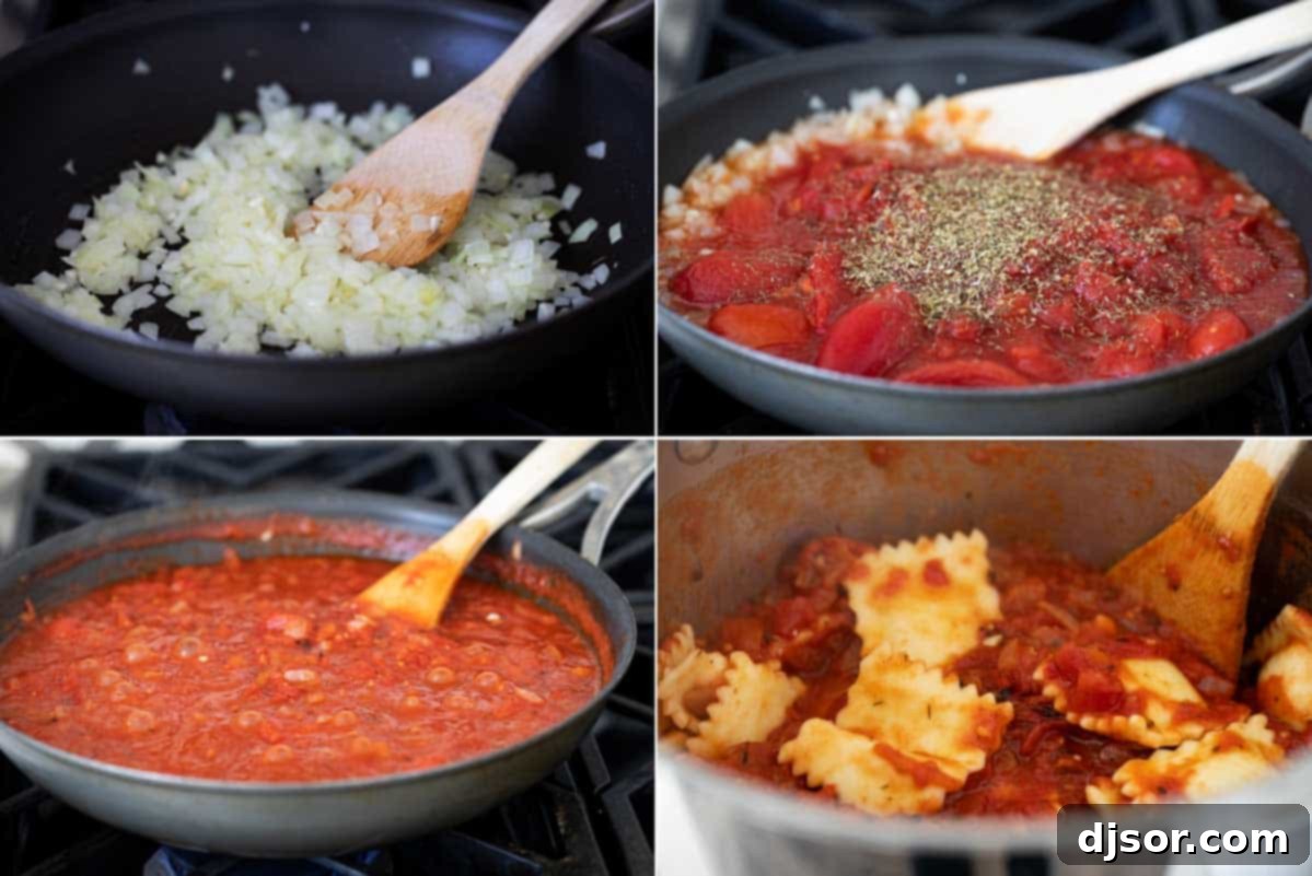 This Baked Ravioli recipe takes frozen ravioli and combines it with a homemade pasta sauce and lots of cheese. It’s super easy and super filling! Steps to Make Homemade Pasta Sauce for Baked Ravioli