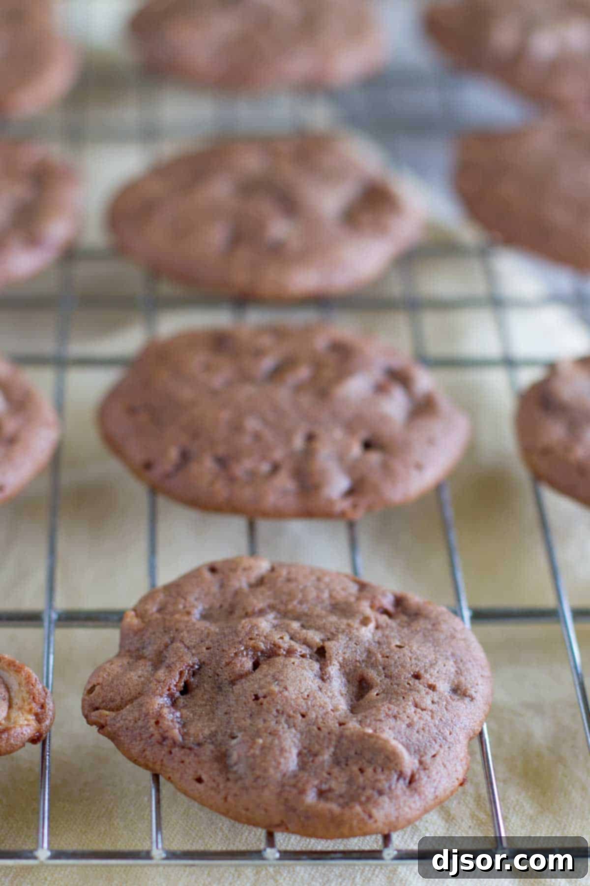 Chocolate Malt Whopper Drops cooling on a wire rack, steam gently rising.