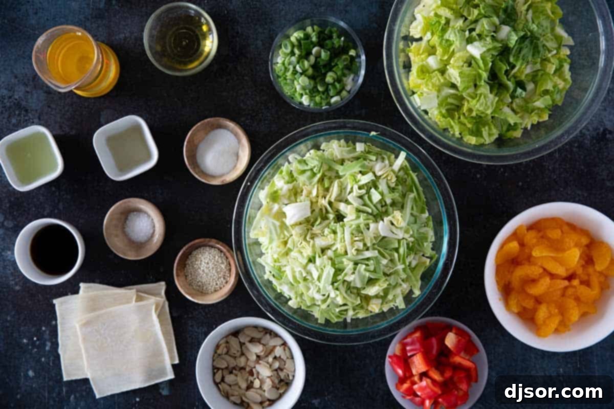 Ingredients for Asian Chopped Salad, neatly arranged on a counter.