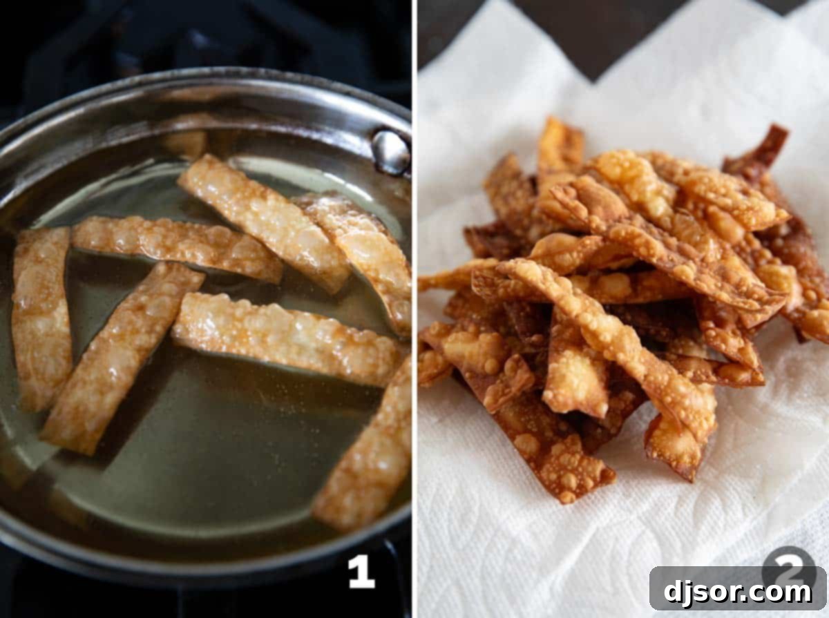 Vibrant Asian Crunch Salad 4 Frying wonton strips for Asian Chopped Salad.