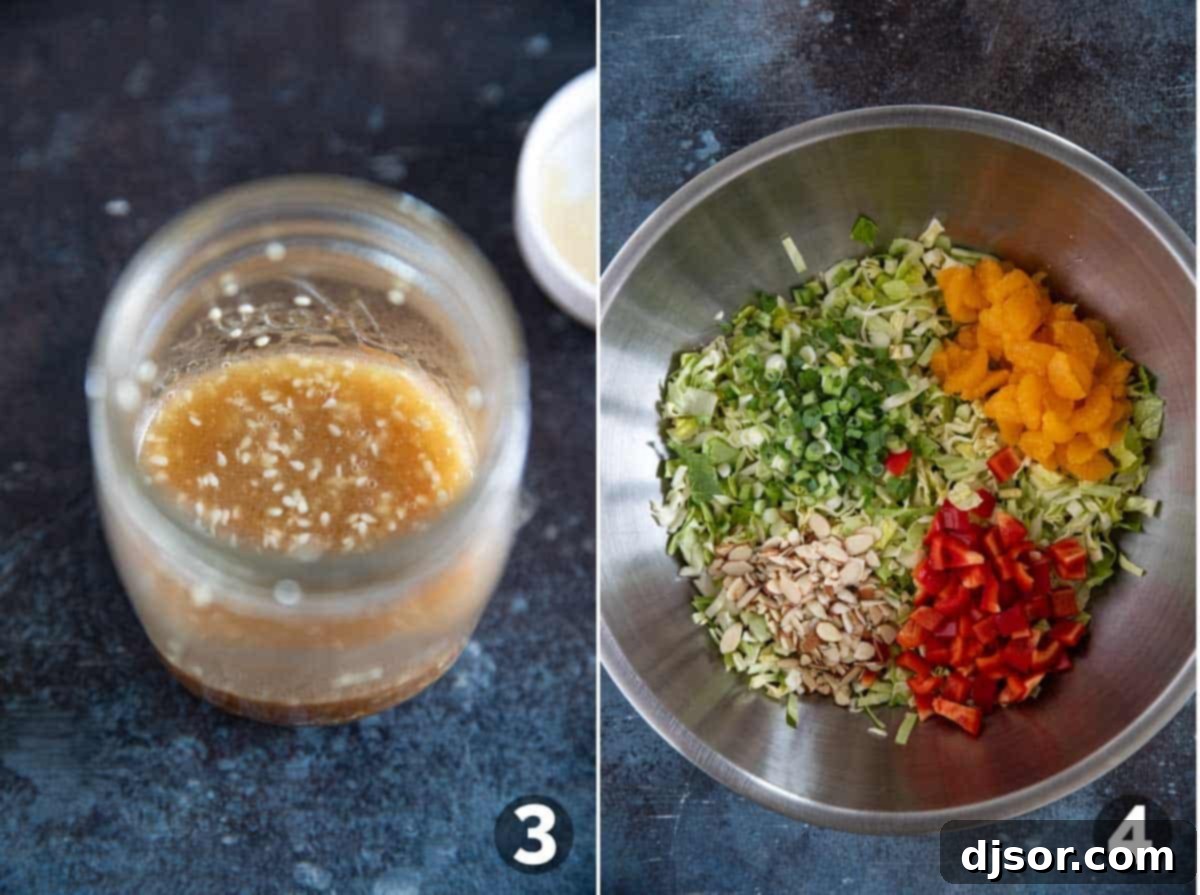 Vibrant Asian Crunch Salad 5 Salad dressing for Asian Chopped Salad, and salad ingredients in a large bowl.