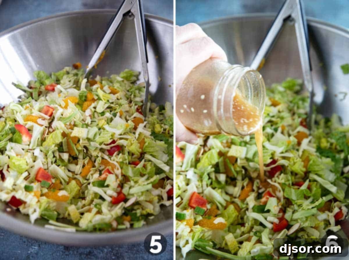 Vibrant Asian Crunch Salad 6 Mixing ingredients for Asian Chopped Salad and adding dressing.