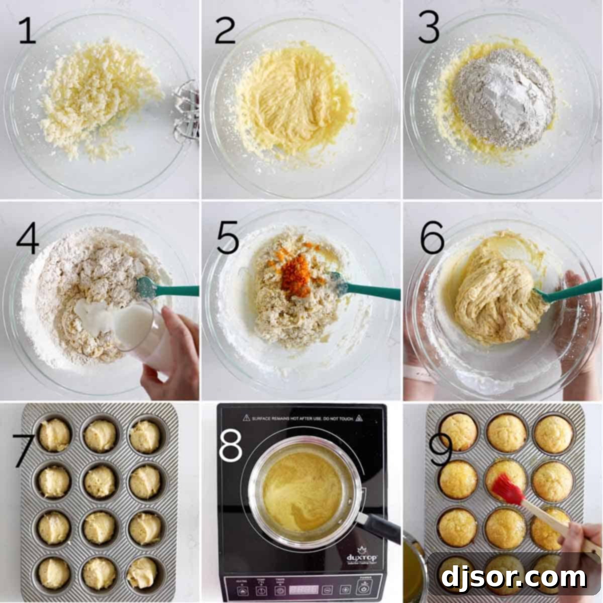 These Orange Muffins are moist and flavorful, slightly sweet with an orange simple syrup for the perfect finishing touch. A step-by-step visual guide demonstrating the process of making delicious Orange Muffins from scratch, highlighting key mixing and preparation stages.
