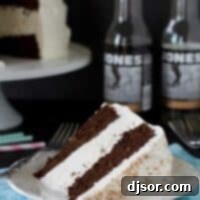 close up of a slice of Root Beer Float Ice Cream Cake, highlighting the layers