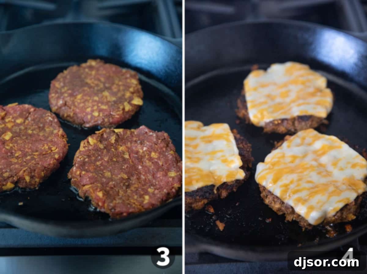 Fiesta Burgers 5 Cooking taco burgers in a cast iron skillet.