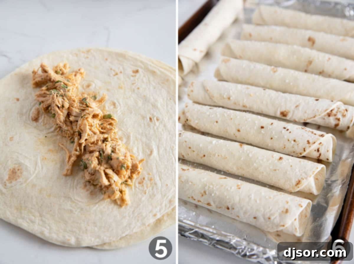 Crispy Chicken Flautas 6 Collage showing adding filling to a flour tortilla, then with the tortilla rolled up and sprinkled with salt.