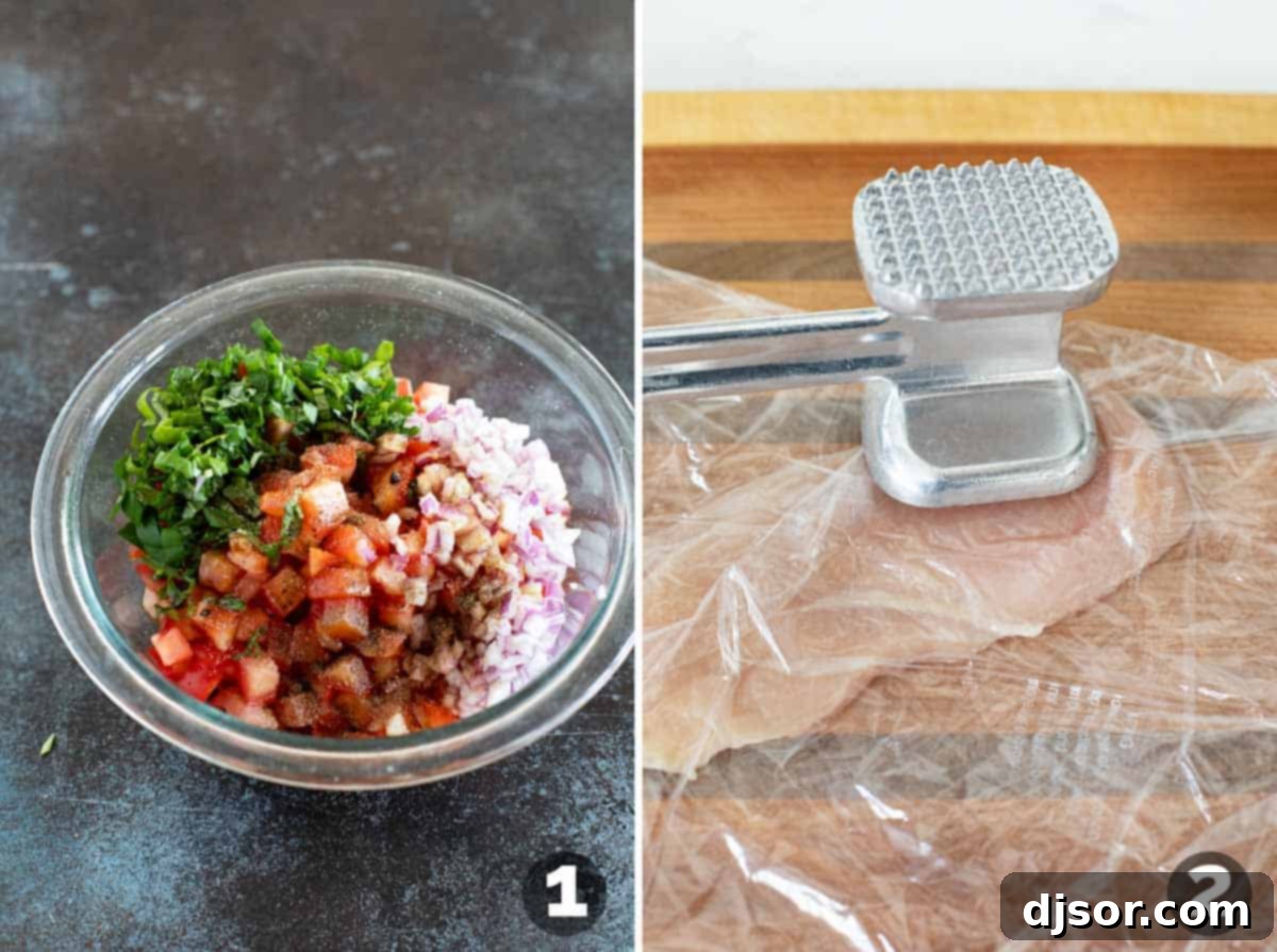 Close-up shot showing the process of making Bruschetta Chicken, with a bowl of fresh tomato and basil topping being mixed on the left, and a chicken breast being pounded thin between plastic wrap on the right.