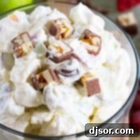 Snickers Salad - sweet salad with snickers, apples, and grapes.