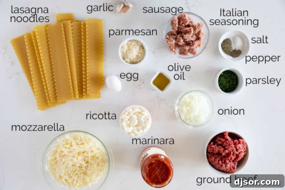 Easy Lasagna Pinwheels 3 A vibrant array of fresh ingredients laid out on a counter, including ricotta, mozzarella, parmesan cheese, parsley, ground beef, Italian sausage, marinara sauce, and uncooked lasagna noodles, ready for making Lasagna Roll Ups.