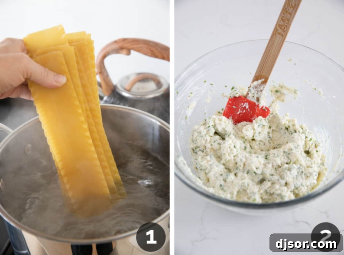 Easy Lasagna Pinwheels 4 A composite image showing two key stages of making Lasagna Roll Ups: a large pot of lasagna noodles boiling on a stove, and a bowl of the creamy ricotta cheese filling being mixed.