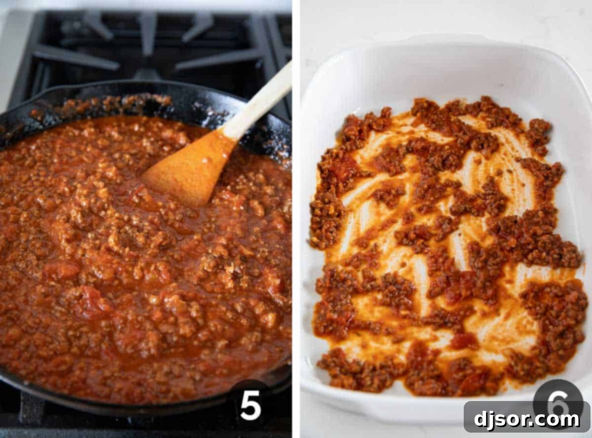 Easy Lasagna Pinwheels 6 A two-part image showing a simmering meat sauce in a skillet, and a thin layer of the same sauce being spread across the bottom of a casserole dish, preparing for Lasagna Roll Ups.