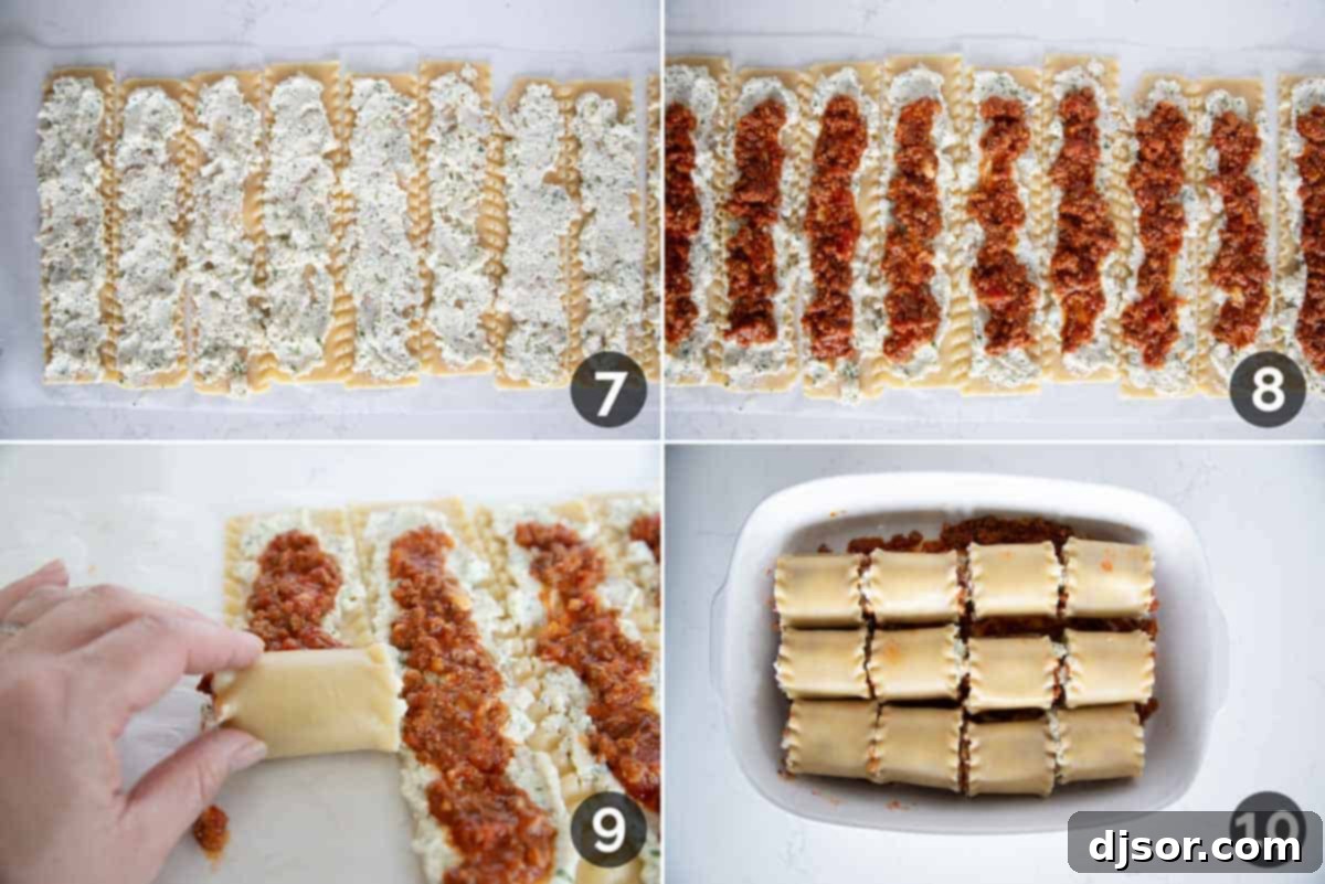 Individual Lasagna Pinwheels 7 Step-by-step assembly of lasagna roll ups: spreading cheese filling, adding meat sauce, and gently rolling each noodle.